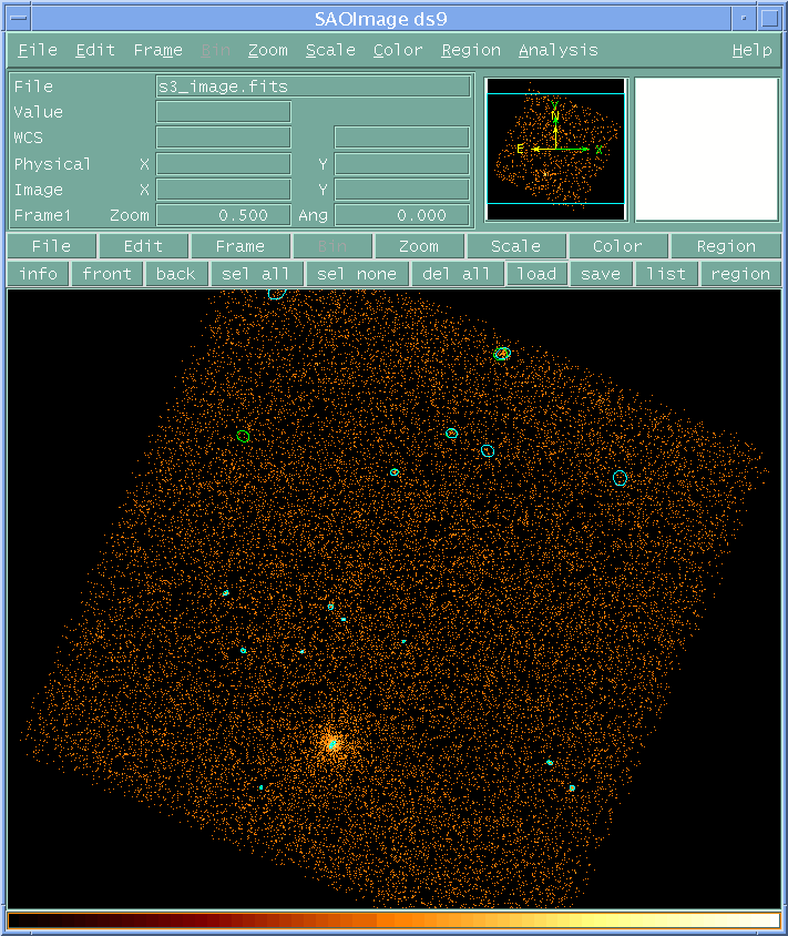 [Image 3: Using an exposure map - chip S3 with detections overlaid (ObsID 578)]