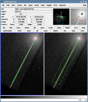 [Thumbnail image: The streak region around the jet is a rotated rectangle; the background region is a larger rectangle which excludes the streak region. The on-axis streak region is shown in both frames]