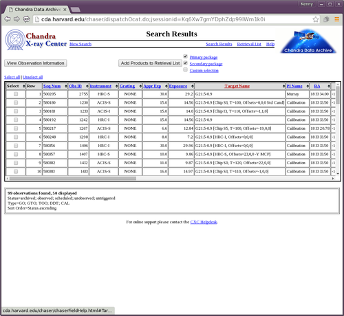 [Thumbnail image: The Search Results page lists all results of the search for ACIS-I observations of G21.5-0.9]