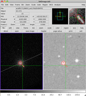 [Thumbnail image: The x-ray data is in the left frame and the optical data is in the right frame; the ds9 crosshair is on the first knot of the jet.]