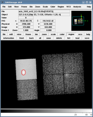 [Thumbnail image: The source region on chip ACIS-S3 is displayed in red on the event data in ds9.]