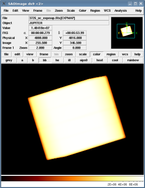 [Thumbnail image: The exposure map of the ACIS-S3 chip is displayed in ds9.]