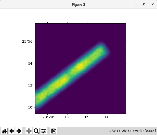 [The overall plot has similar information to the ChIPS version, but the main obvious difference is the color scheme: the ChIPS plot defaults to a gray scale image display whereas Matplotlib is using viridis, so that the background is purple, the edges are blue, and the peaks are yellow.]