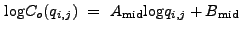 $\displaystyle {\log}C_o(q_{i,j})~=~A_{\rm mid}{\log}q_{i,j} + B_{\rm mid}$