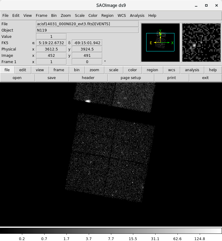 [The ds9 image viewer shows the image data, with the central ACIS-I array and - partly visible - the two ACIS-S chips above them (to the North).]