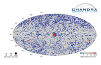 The front of the handout, which shows the positions of the Chandra observations in CSC 2.0, encoding number of detections by circle size and number of observations in a stack by circle color.