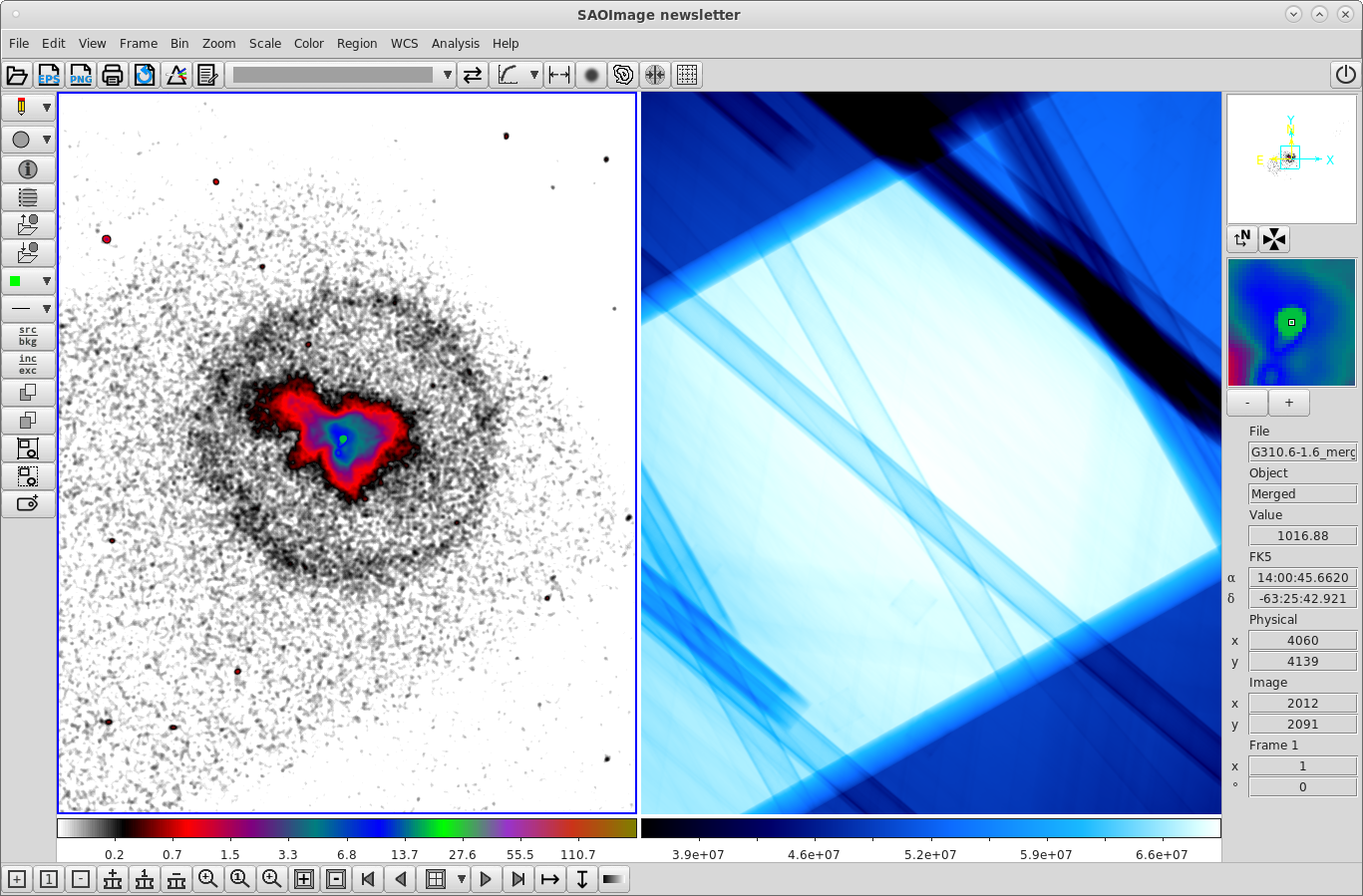 A screenshot of SAOImageDS9, showing two large images surrounded by gray borders with menus and icons. The left image shows an astronomical image with a colorbar underneath it; there is a ring of black dense black points surrounding a blob that transitions in color from red on the outside through green and into blue and cyan. The right image is an exposure map image, showing overlapping patterns of squares and thin rectangular strips at angles. The center of the image is a bright light blue, transitioning to a darker blue at the borders of the main square and black in a few other locations.