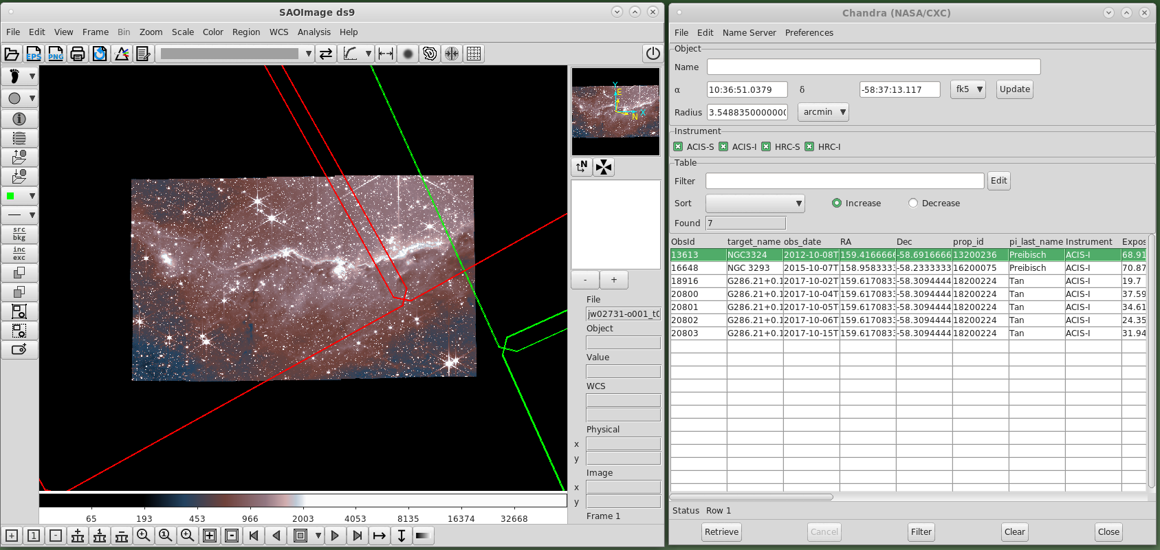 A screenshot showing SAOImageDS9 and an associated Chandra footprint viewer. The DS9 window shows an image of the sky, where a narrow ridge of gas highlights a broader structure of diffuse emission, with numerous stars and galaxies dotting the background.Large red and green squares are overplotted, with sizes much larger than the displayed image. In the footprint window, celestial coordinates are displayed in a query form at the top and seven observations are listed in a table below, specifying name, observation date, and coordinates, among other properties.