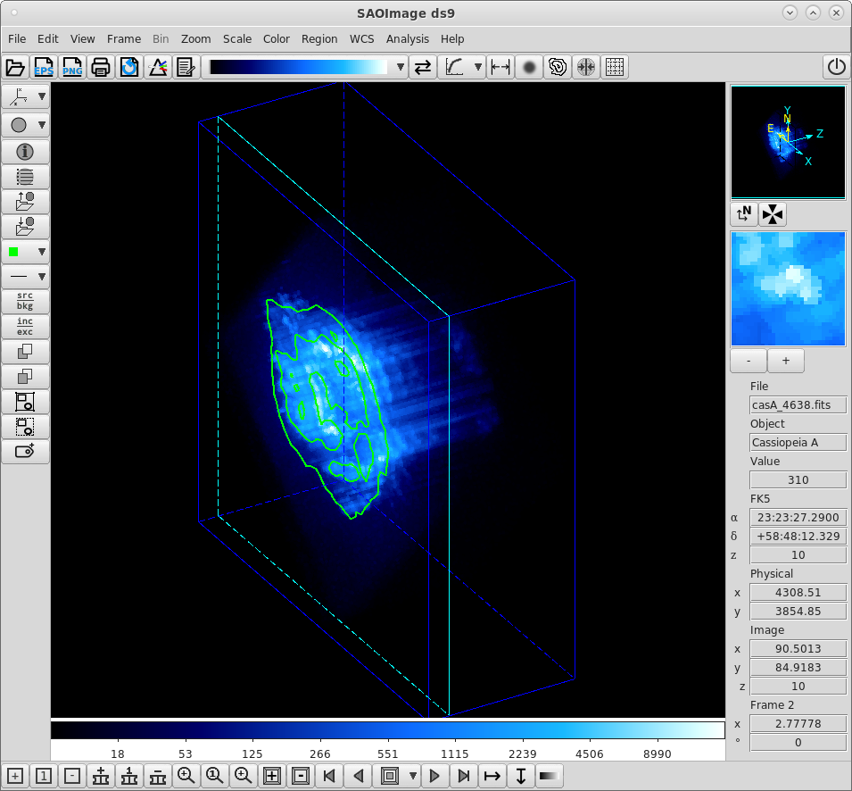 An animation showing a cuboid of data, seen at an angle both to the side and looking down. The cuboid is drawn in blue lines, and a cyan square slowly moves from the front to the back of this cuboid. There is a large white structure seen in the middle, with linear structures extending in the direction from the front to the back of the cuboid. As the square moves, corresponding parts of the white features are highlighted by green contours. These depict a roughly circular structure that slowly shrinks as the animation continues, with occasional, short-lived surges of growth.