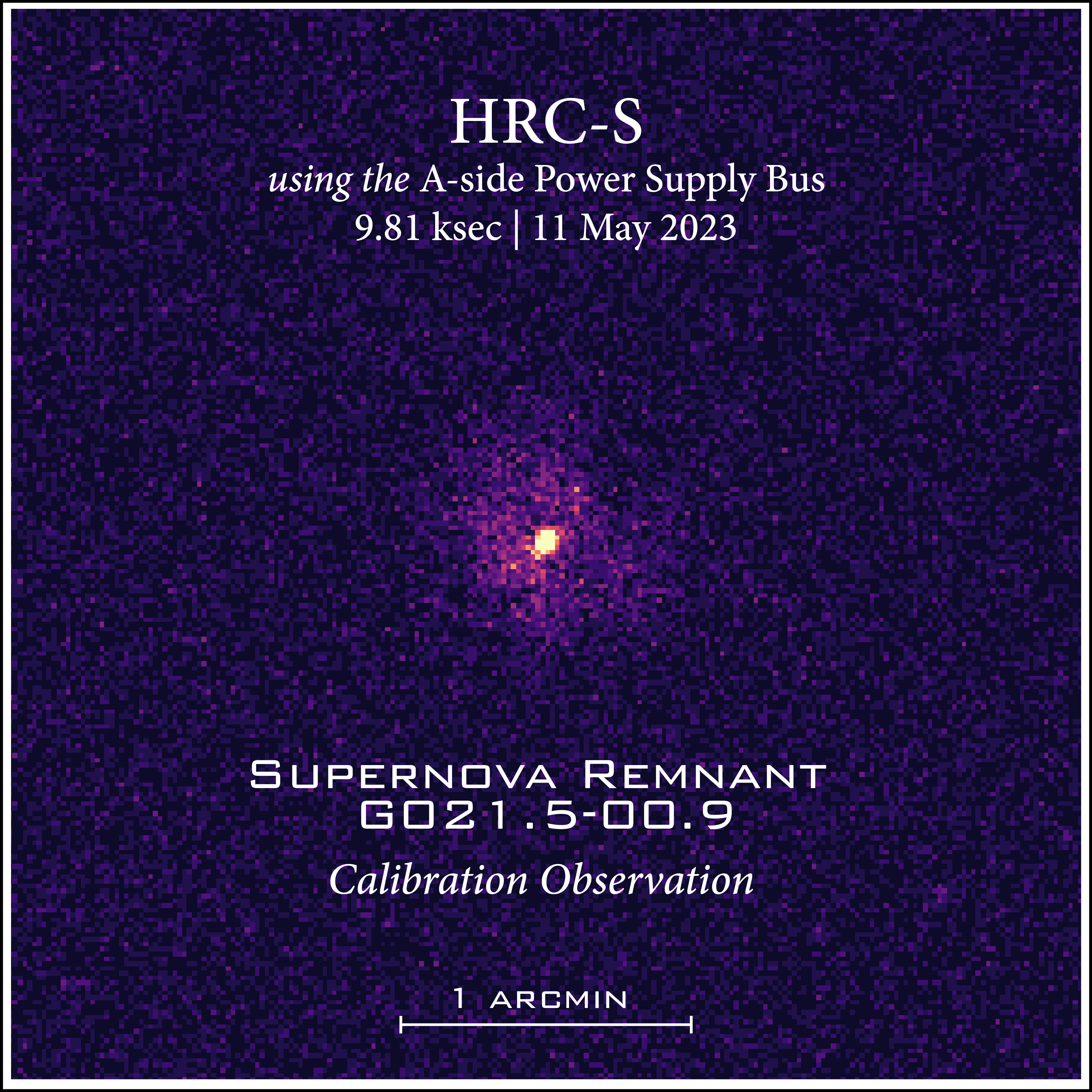 Astronomical image of a central bright source with a fainter cloud around it, displayed in a purple-to-yellow colormap. Labels at the top and bottom state that this is a calibration observation of supernova remnant G 021.5 minus 00.9 with the A-Side power supply bus on HRC-S.