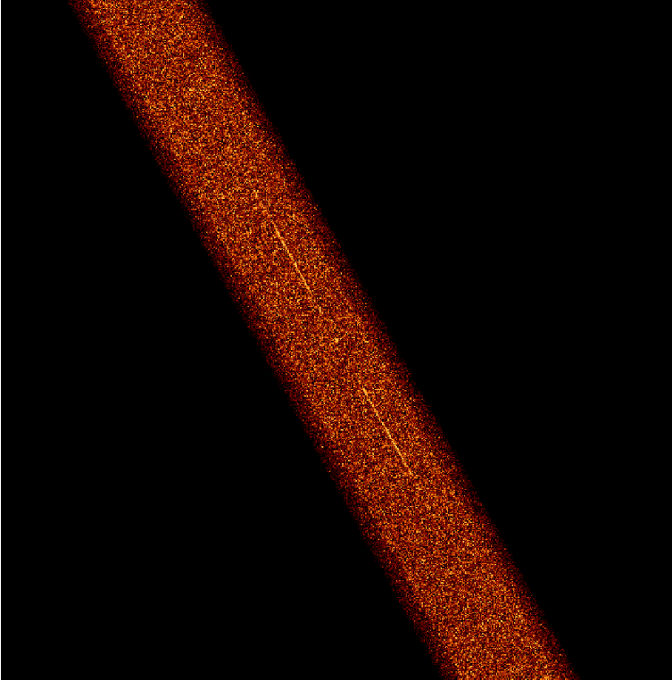 LETG observation. There is a diagonal band stretching from top left to bottom right, that is a noisy reddish orange on top of the black background filling the rest of the image. In the center is a bright source, with two bright lines radiating outward in the same orientation as the diagonal band.