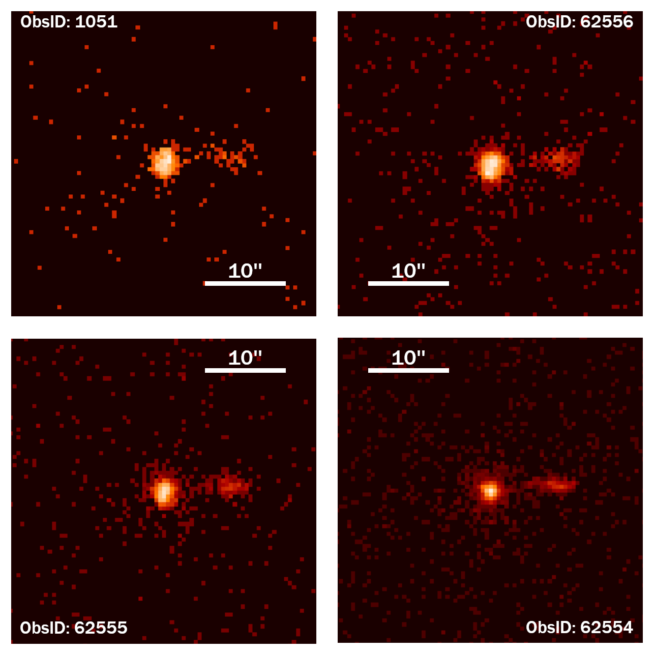 Four panels, arranged in a square, all showing similar scenes. They all have black backgrounds with reddish-orange pixels showing a small point source with a fuzzy, slightly linear extension to the right. Scale bars indicate that these panels are all around 45 arcseconds on a side. ObsID labels are also included on each panel.