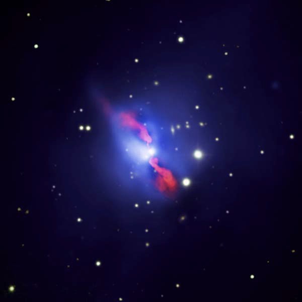 A large, diffuse structure, shown in a blue colormap that peaks at white in the center. There are two cavities visible in this gas, roughly above and below the center, each with stringy, red trails extending outward. Galaxies are shown as small, fuzzy objects throughout the image in white.