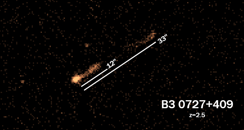 A black-background astronomy image shown in a dark yellow colormap. A point source is seen to the bottom-left, with a linear structure extending about 30 degrees off of the horizontal to the right. The structure extends, fades out, then reappears again. Labels indicate that the first part of the structure is 12 arcseconds in length, while the second terminates around 33 arcseconds from the point source. The faded gap occupies roughly the middle third of this structure. A label in the bottom right corner reads 'B3 0727 plus 409,' then 'z equals 2.5.'