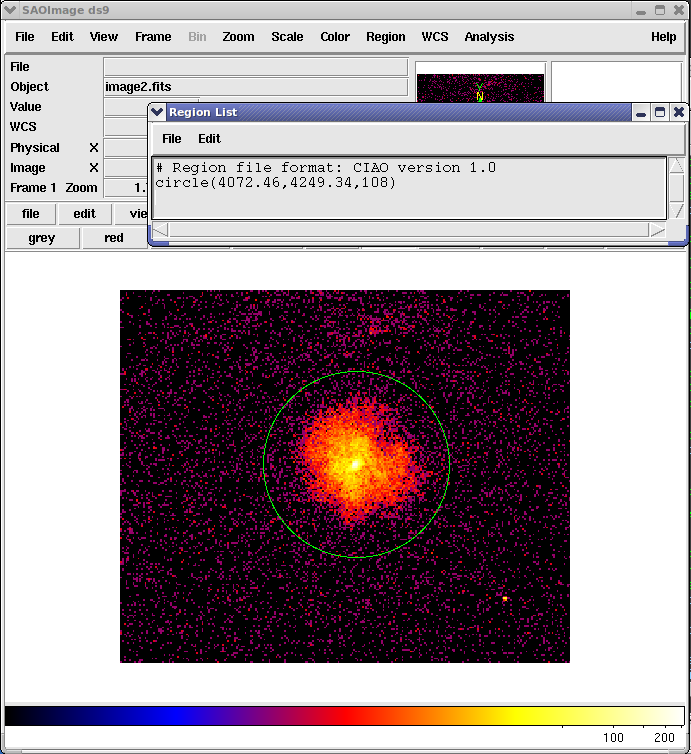 [A circle surrounds the source emission and the details of this region are also shown.]